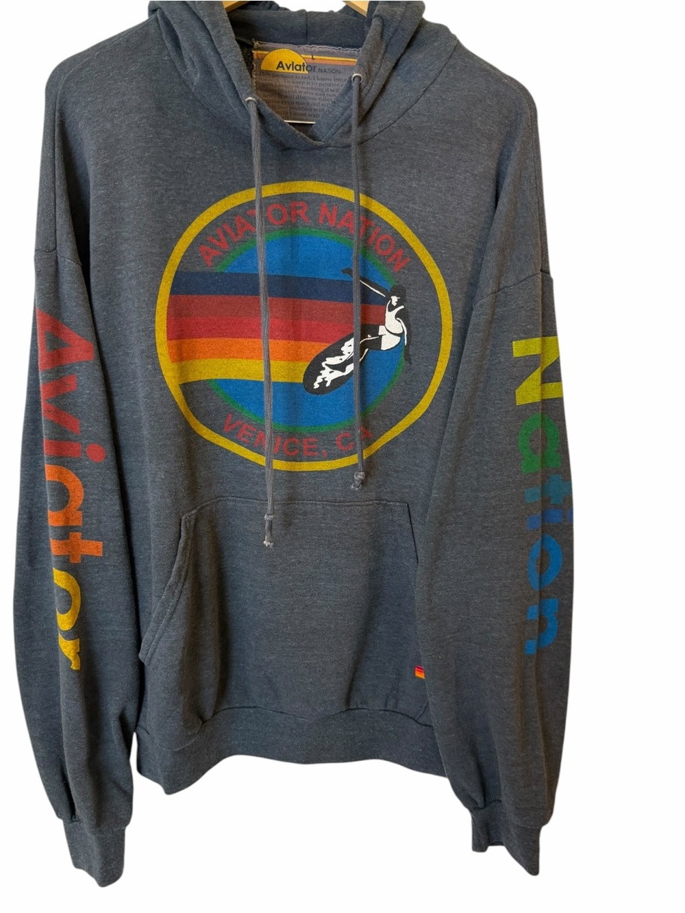 Aviator Nation Venice CA Rainbow Logo Pullover Hoodie Gray Large Made in USA - Picture 2 of 7